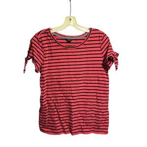 Nautica Womens Striped T-Shirt Pink Blue Bow Sleeve Scoop Neck Cotton Size M